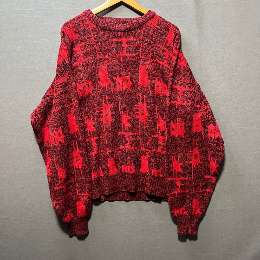 Vintage Kennington Mens XL Red Black Abstract Geometric Knit Crewneck Sweater